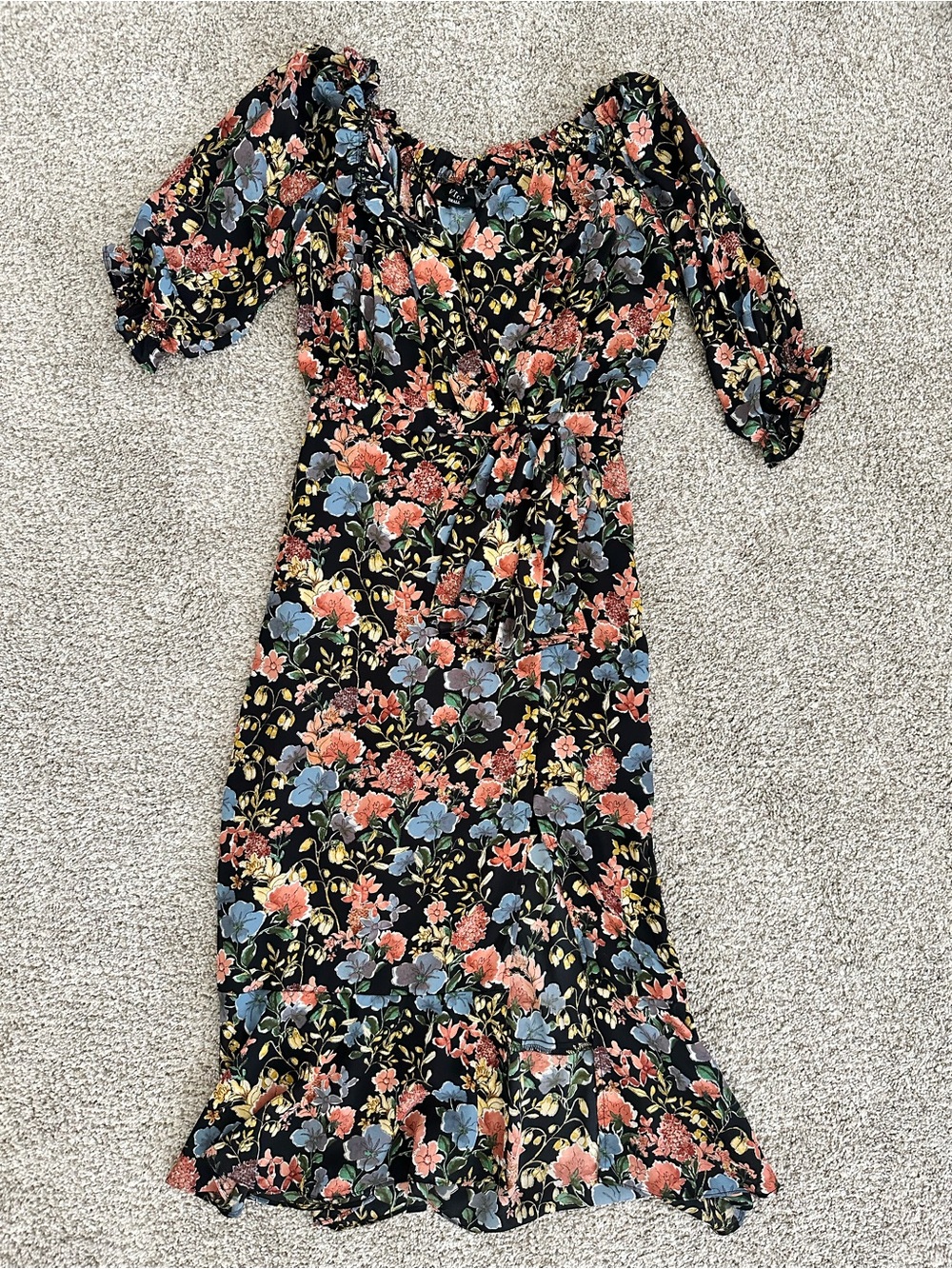 Vici Black Floral Off-Shoulder Midi Dress with Blue and Coral Blooms